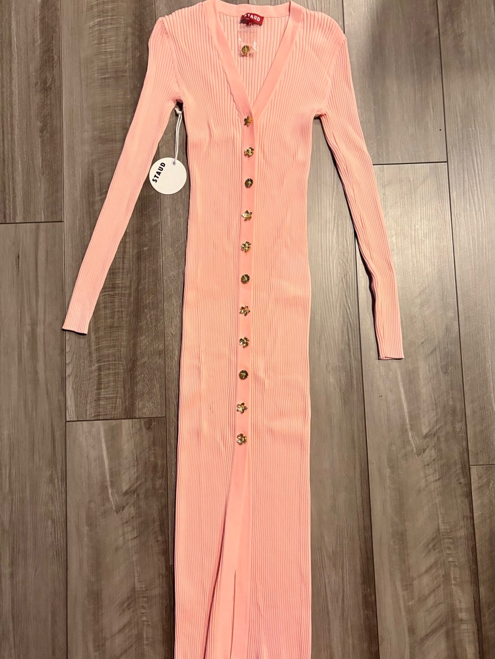 Staud Ribbed Button-Front V-Neck Midi Dress in Light Pink - Picture 2 of 5
